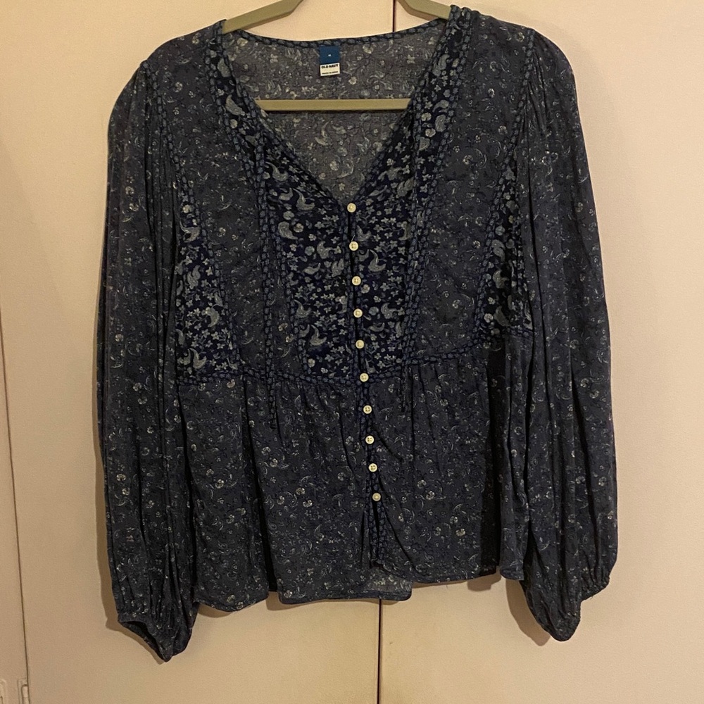 Old Navy Navy Blue Floral Blouse with Buttons